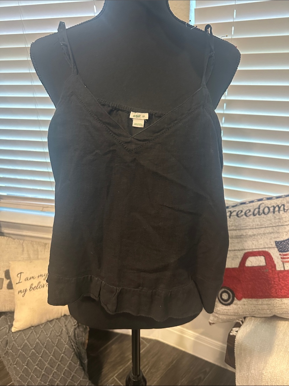 aerie Black Ruffle-Hem Spaghetti Strap top
